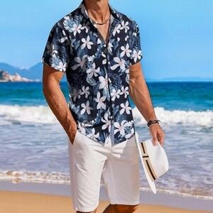 COOFANDY Men's Hawaiian Shirt Short Sleeve Floral Button Down Shirts Tropical, L